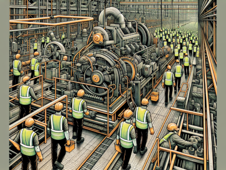 Illustration of a factory floor with machinery and workers wearing safety gear