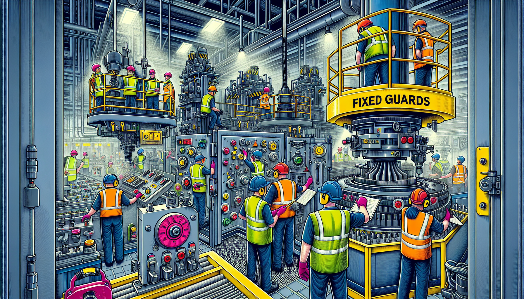 Illustration of various safety equipment including machine guards and personal protective gear
