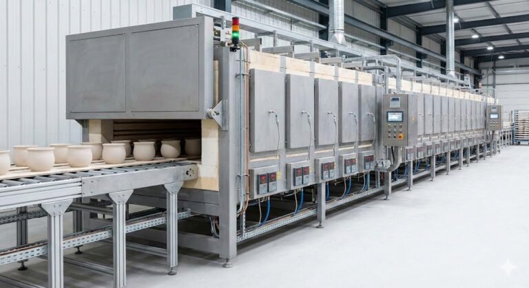 A modern industrial tunnel kiln in a ceramics manufacturing facility