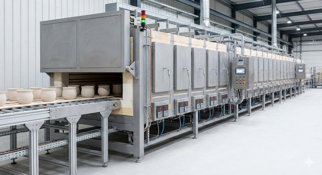A modern industrial tunnel kiln in a ceramics manufacturing facility