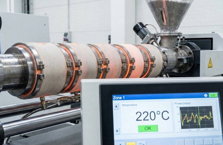 A close-up of an injection moulding machine barrel with its heaters active